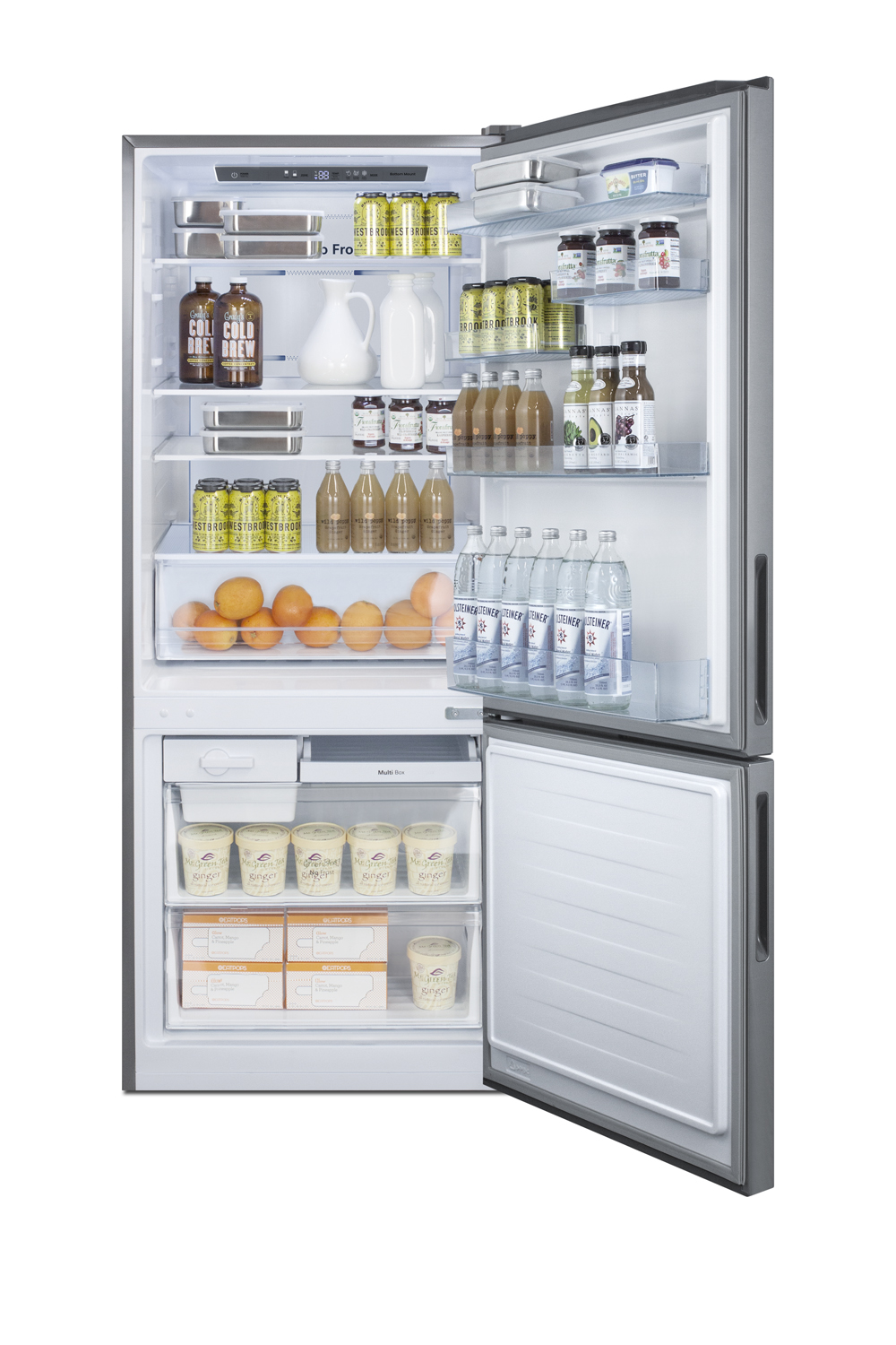 Frost-free ENERGY STAR certified bottom freezer refrigerator in stainless steel with digital controls and a counter depth fit